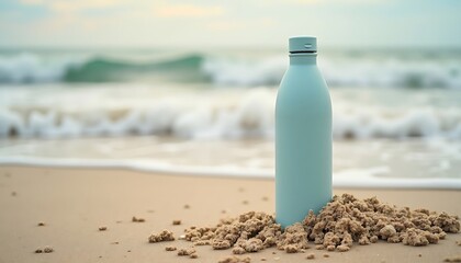 Reusable Water Bottle on Sandy Beach with Ocean Waves in Background