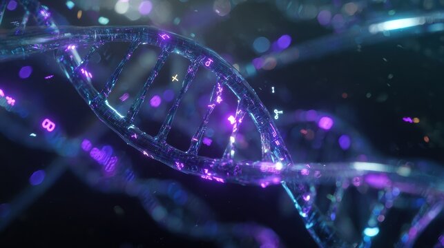 Holographic DNA helix structure with iridescent blue-purple neon particles and floating equations, sci-fi cinematic lighting for tech branding, website headers, and futuristic posters.
