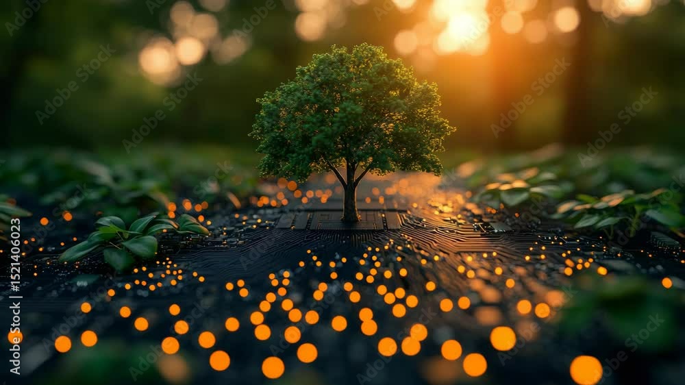 Poster Single tree on a circuit board with glowing lights and sunset background