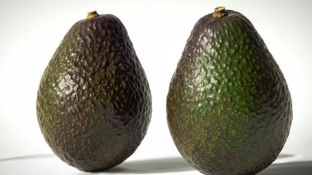 Cinematic close-up of two whole Hass avocados with orbiting camera and soft daylight
