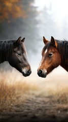 Obraz premium Two horses gaze at each other in a misty field during early morning light