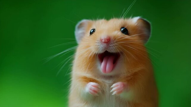 Happy hamster with open mouth on vibrant green background, concept of joy