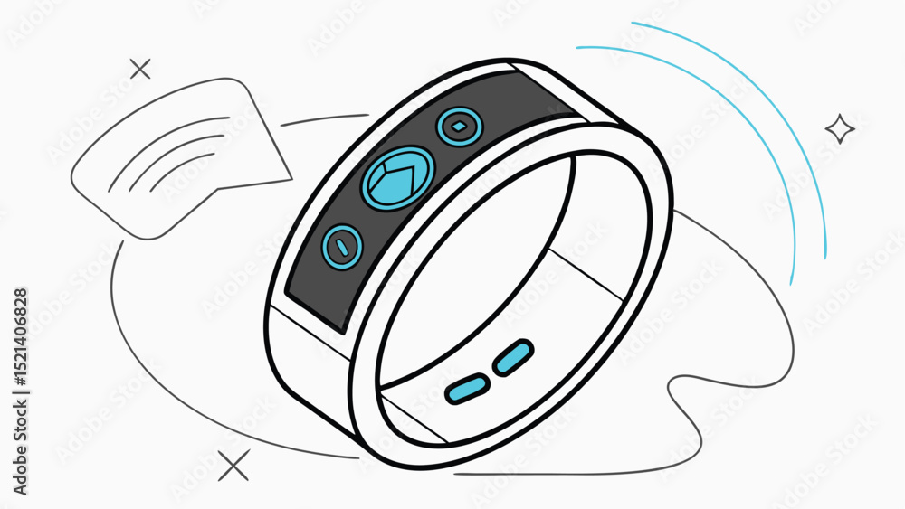 Aufkleber illustration of a smart ring with interface buttons and wireless signal on a white background style
