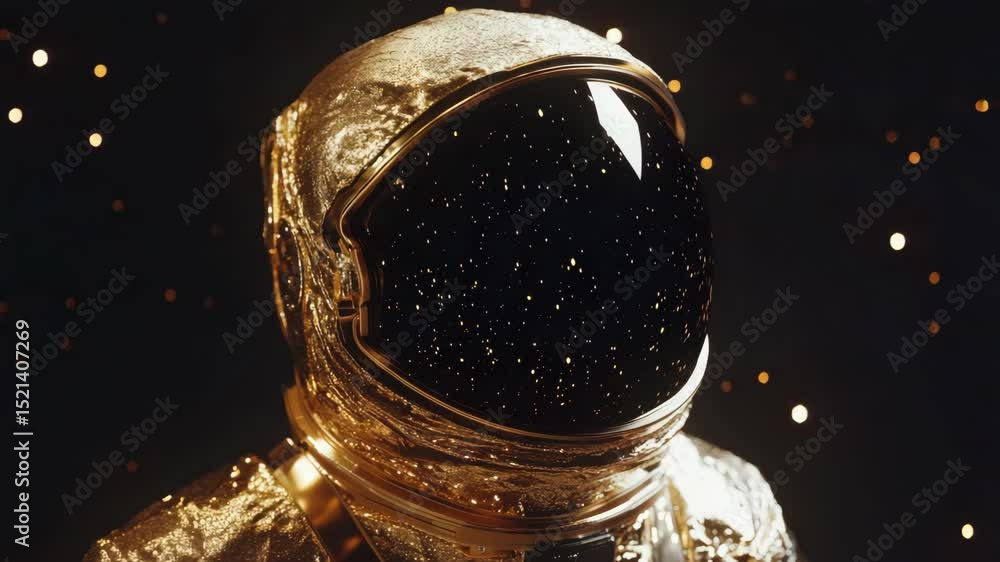 Poster golden astronaut with starry reflection in helmet, futuristic cosmic art