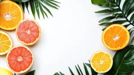 Tropical citrus fruit halves and palm leaves on white background.