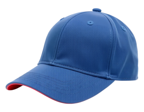 Blue baseball cap with red brim.