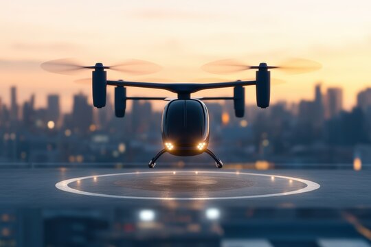 A high-tech VTOL vehicle landing on a rooftop helipad at dusk, urban skyline glowing in the background. Efficient air taxi services and sustainable urban transport, perfect for smart mobility concepts
