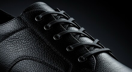 Close Up of Black Leather Dress Shoe with Laces on Dark Background