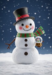 Fototapeta premium Festive Snowman with Snow Globe - Adorable snowman in a top hat and scarf holds a miniature snow globe, set against a snowy background. Perfect for winter holidays