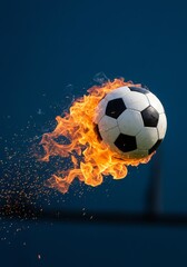 Naklejka premium Flaming Soccer Ball in Flight - A soccer ball engulfed in flames flies through the air against a dark blue background. Dynamic action shot