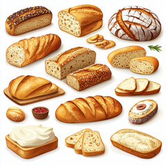 variety of breads including baguette, sourdough, and rye are displayed in flat design, showcasing different textures and toppings