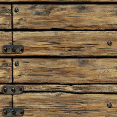 seamless Aged wooden planks with iron nails and hinges, featuring visible scratches and rustic texture. weathered appearance adds character and sense of history to wood