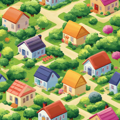 seamless Colorful cartoon village with vibrant roofs and lush gardens, creating cheerful and inviting atmosphere. houses are surrounded by greenery and winding paths, adding to charm