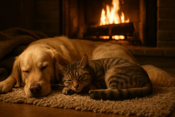 Golden retriever and tabby cat sleeping together by the fireplace