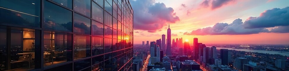Fototapeta premium Sleek modern city office building reflecting the urban skyline at sunset Glass facade, contemporary architecture, vibrant cityscape backdrop , metropolis, glass