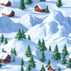 seamless low poly 3D snowy mountain landscape features pine trees and wooden cabins scattered across terrain, creating serene winter scene