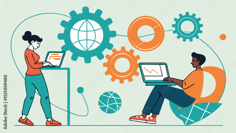 Poster two people working on laptops with gears and globes in the background representing global network sy