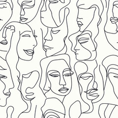 seamless Minimalist line art pattern featuring abstract faces in monochrome, showcasing continuous lines and artistic expression