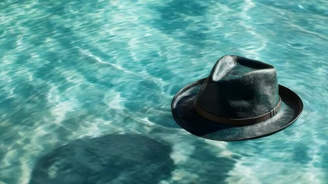 Floating black fedora hat on rippling turquoise water surface, surreal concept