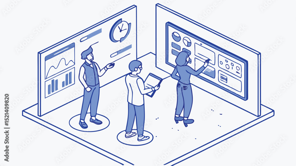Poster three people analyzing data on large screens with charts and graphs in an office environment setting