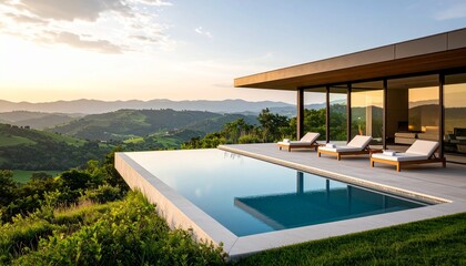 Fototapeta premium Luxury wellness resort with an infinity pool overlooking a lush green valley, offering a serene and peaceful setting focused on health, relaxation, and mindful living