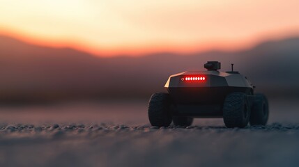 A futuristic unmanned ground vehicle operates autonomously across rugged terrain during a high-tech reconnaissance mission. AI innovation in modern military defense and surveillance systems.