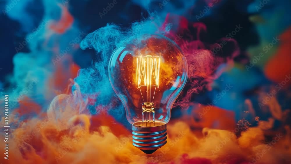 Poster glowing light bulb surrounded by colorful smoke in a vibrant atmospheric setting