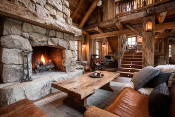Cozy mountain cabin with a stone fireplace and wooden furnishings.