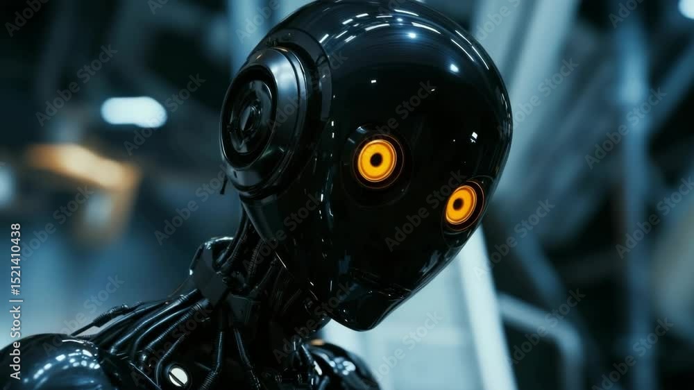 Poster black android with glowing orange eyes in a futuristic setting, robot in darkness