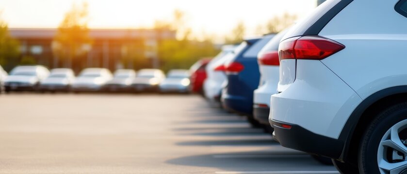 An outdoor car rental and sales lot filled with parked vehicles in a clean structured layout, backed by a dealership office, representing the booming used car market and economic growth opportunities