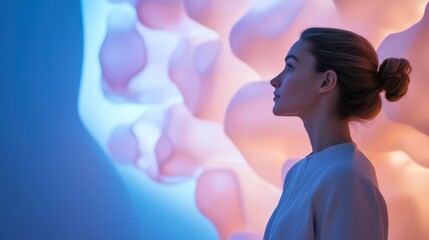 A visitor interacts with a futuristic biofilm sculpture inside a modern gallery, where glowing crystal textures and organic materials merge to explore sustainability and bio-art innovation