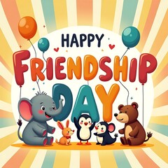 Fototapeta premium Friendship day cartoon illustration with balloon letters and cute animal characters celebrating on colorful sunburst background perfect for kids party poster greeting card or festive design art