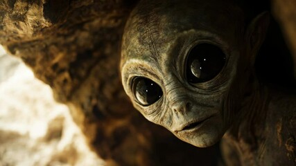A realistic depiction of an alien creature peering from a rocky cave, concept art