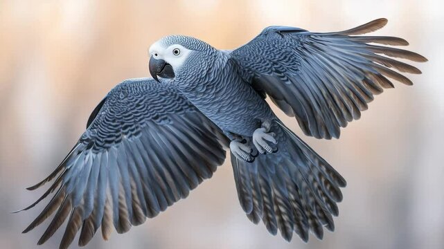 Graceful african grey parrot with spread wings in flight on a blurred background