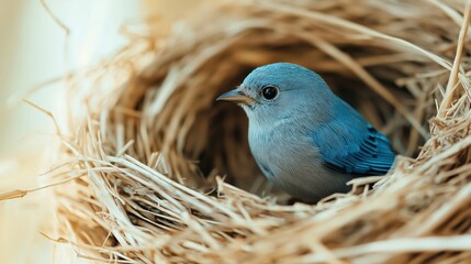 Small blue bird resting in cozy nest
