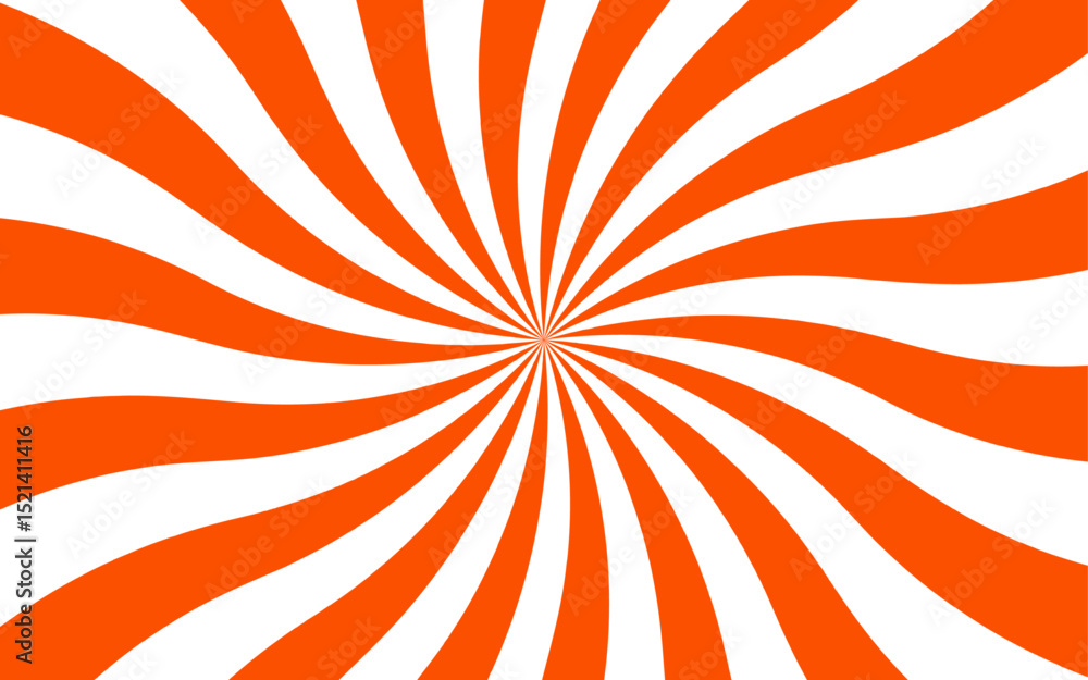 Poster Abstract vivid, radial spiral burst pattern with red and white curved rays. Dynamic and symmetrical, using bold movement and energy. Retro, psychedelic feel reminiscent of vintage pop art.