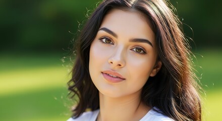 Naklejka premium Portrait of a Young Woman with Beautiful Brown Eyes and Long Dark Hair
