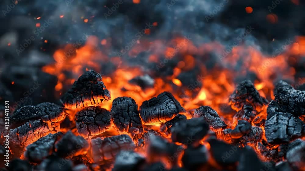 Poster glowing embers with intense red and orange flames in a dark setting