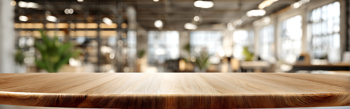 Modern office meeting table with clean minimalist design and warm wooden surface under soft overhead lighting, professional workspace with blurred background, f/4.0, corporate environment.