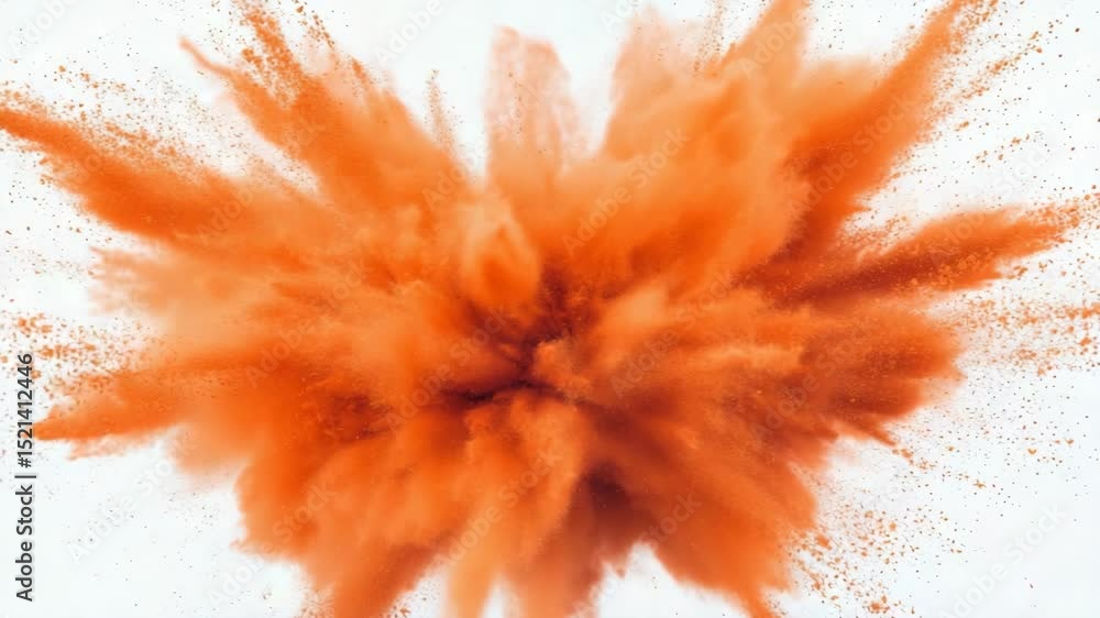 Poster orange powder explosion on white background, creating a vibrant abstract pattern