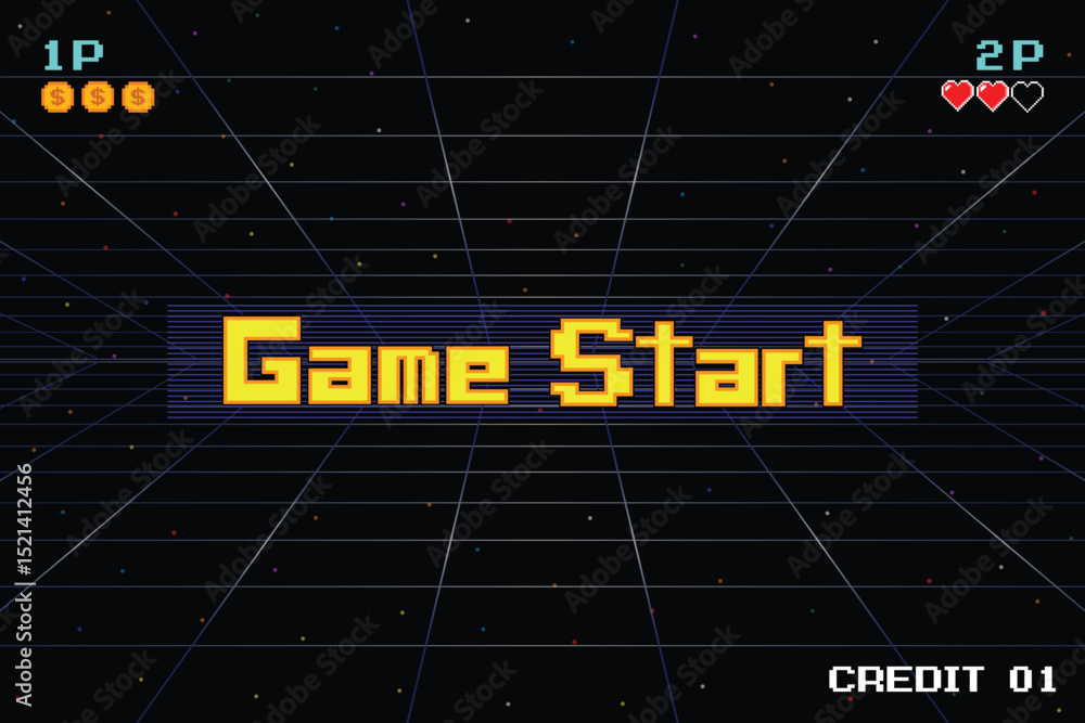 Aufkleber game start. pixel art .8 bit game. retro game. for game assets in vector illustrations. arcade gamin