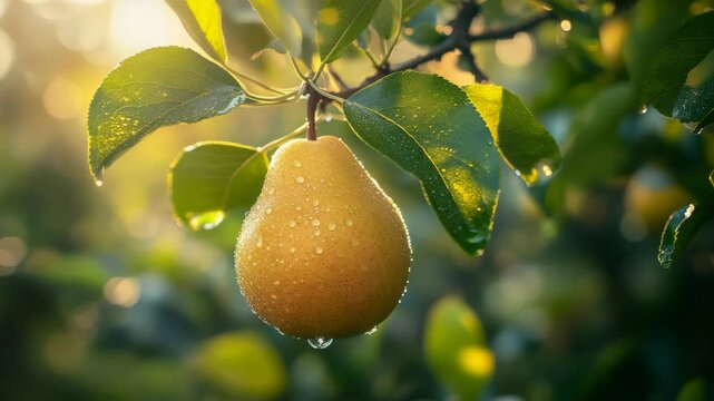 Ripe pear with dewdrops hanging from a tree in morning sunlight, close-up photo