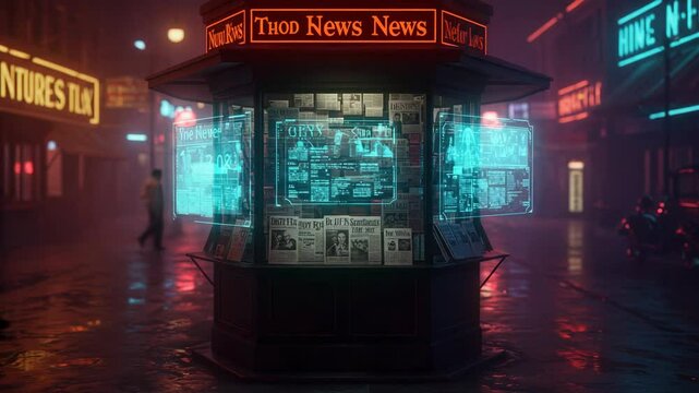 Cyberpunk newsstand on a wet city street at night