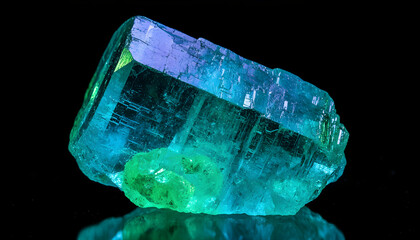 Raw Fluorite Crystal Glowing Under Ultraviolet Light Isolated on Black
