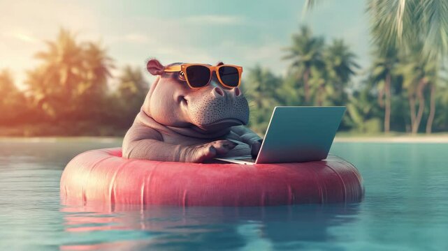 Hippo wearing sunglasses uses laptop on pool float in tropical paradise