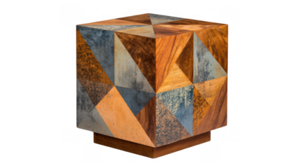 Wooden cube stool featuring a geometric collage of triangles in various wood tones and textures, isolated on a transparent background, perfect for interior design or furniture projects