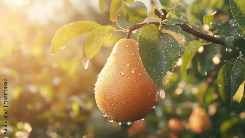 Aufkleber close-up of a pear with water droplets in sunlight on a green leafy tree