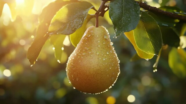 Ripe pear with morning dew on tree branch in golden sunlight