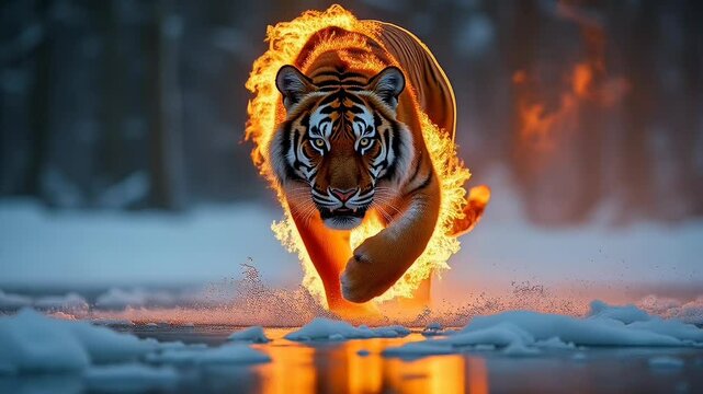 Fierce tiger walking with fire and snow background
