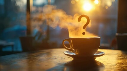Steaming coffee cup with question mark against sunrise in cozy cafe, surreal concept - Powered by Adobe